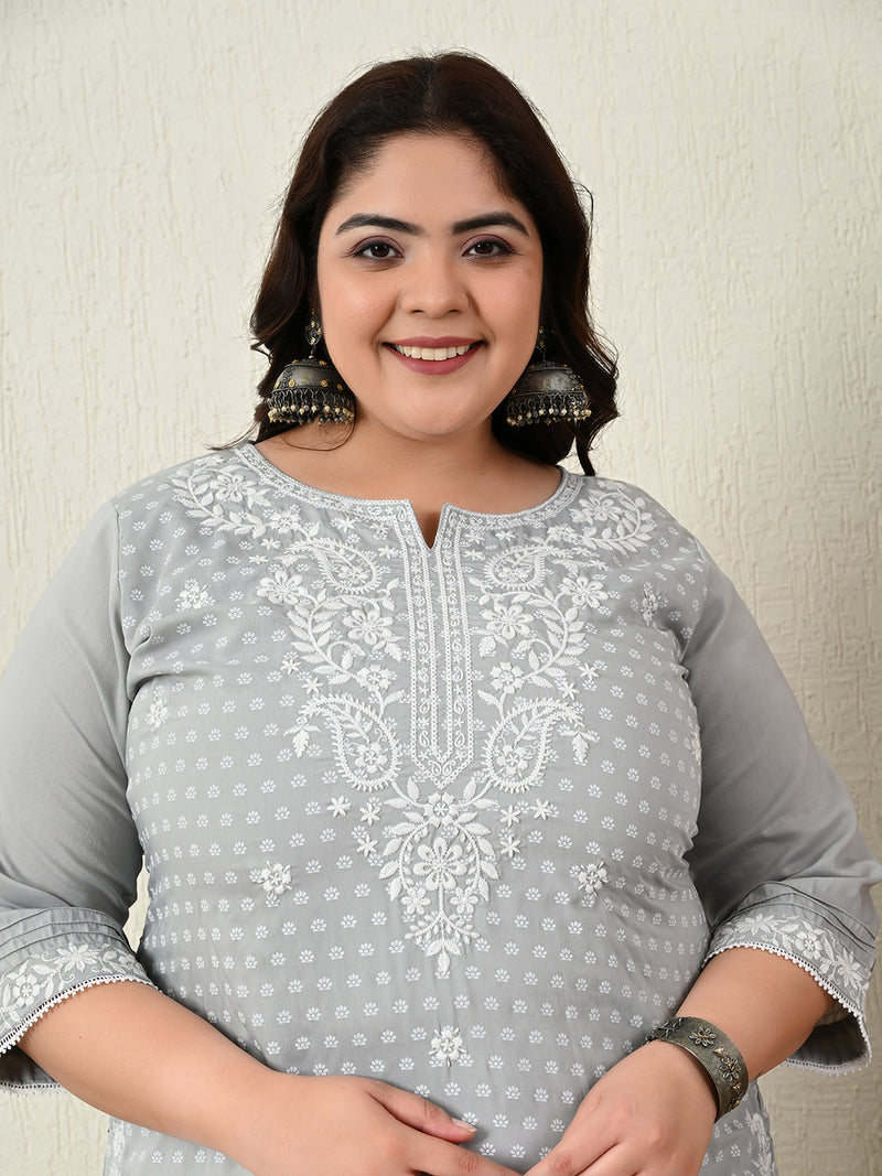 Plus Size Grey Embroidered Kurta Pant Set