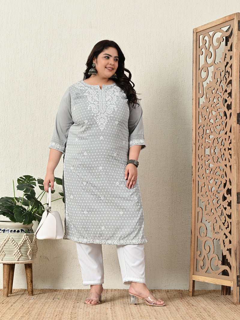 Plus Size Grey Embroidered Kurta Pant Set