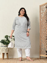 Plus Size Grey Embroidered Kurta Pant Set