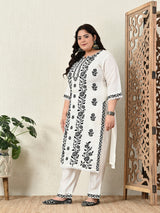 Plus Size White Embroidered Suit Set with Dupatta