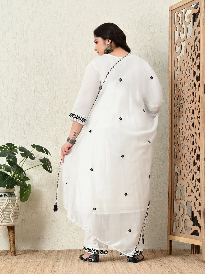 Plus Size White Embroidered Suit Set with Dupatta