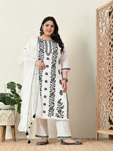 Plus Size White Embroidered Suit Set with Dupatta