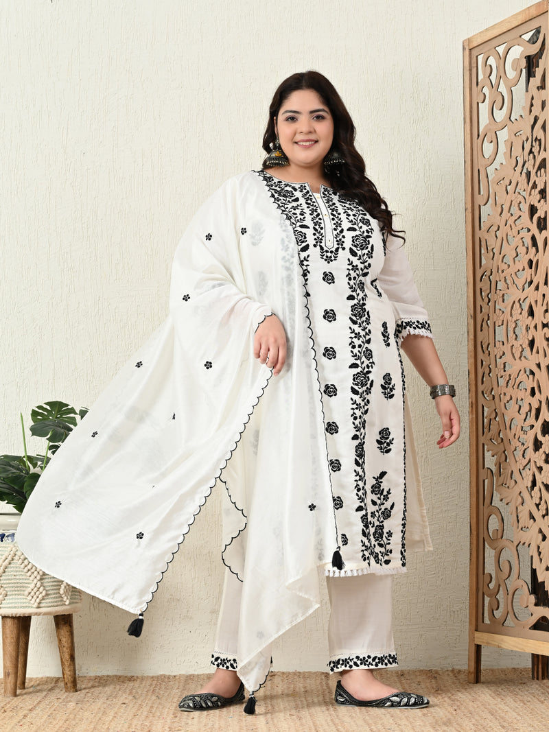 Plus Size White Embroidered Suit Set with Dupatta