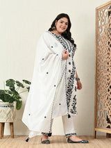 Plus Size White Embroidered Suit Set with Dupatta