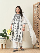 Plus Size White Embroidered Suit Set with Dupatta