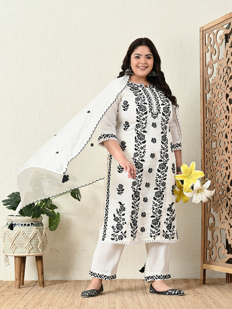 Plus Size White Embroidered Suit Set with Dupatta