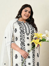 Plus Size White Embroidered Suit Set with Dupatta