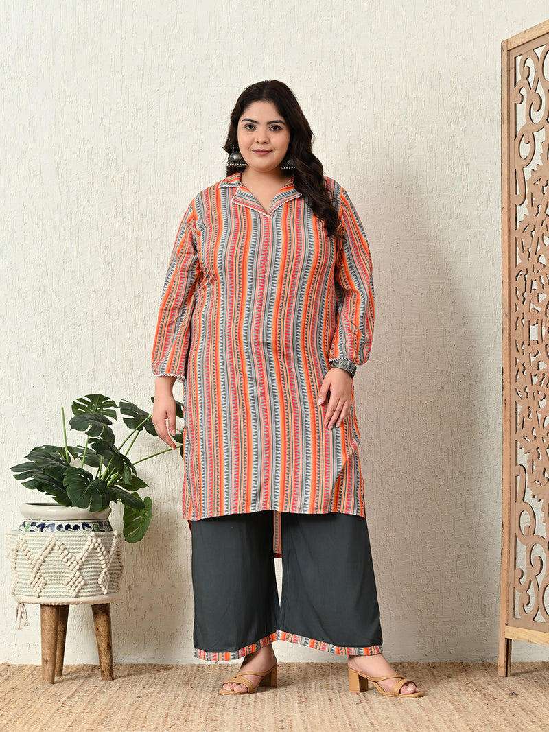 Plus Size Vibrant Multi Collared Kurta Palazzo Set