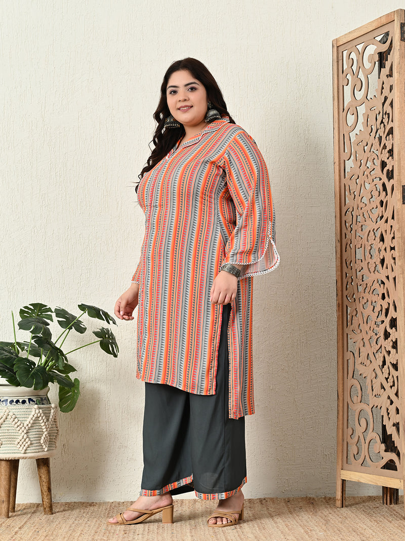 Plus Size Vibrant Multi Collared Kurta Palazzo Set