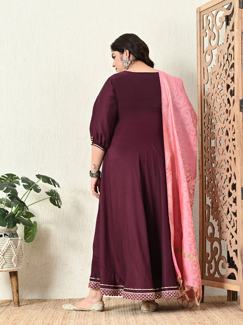 Plus Size Wine Anarkali Kurta with Pink Banarasi Dupatta