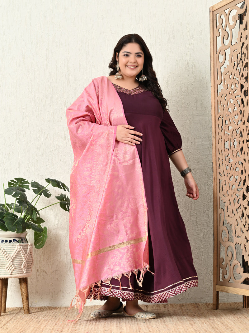 Plus Size Wine Anarkali Kurta with Pink Banarasi Dupatta