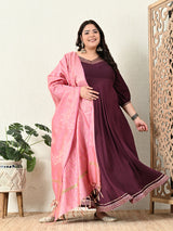 Plus Size Wine Anarkali Kurta with Pink Banarasi Dupatta