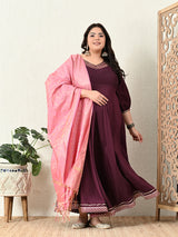 Plus Size Wine Anarkali Kurta with Pink Banarasi Dupatta