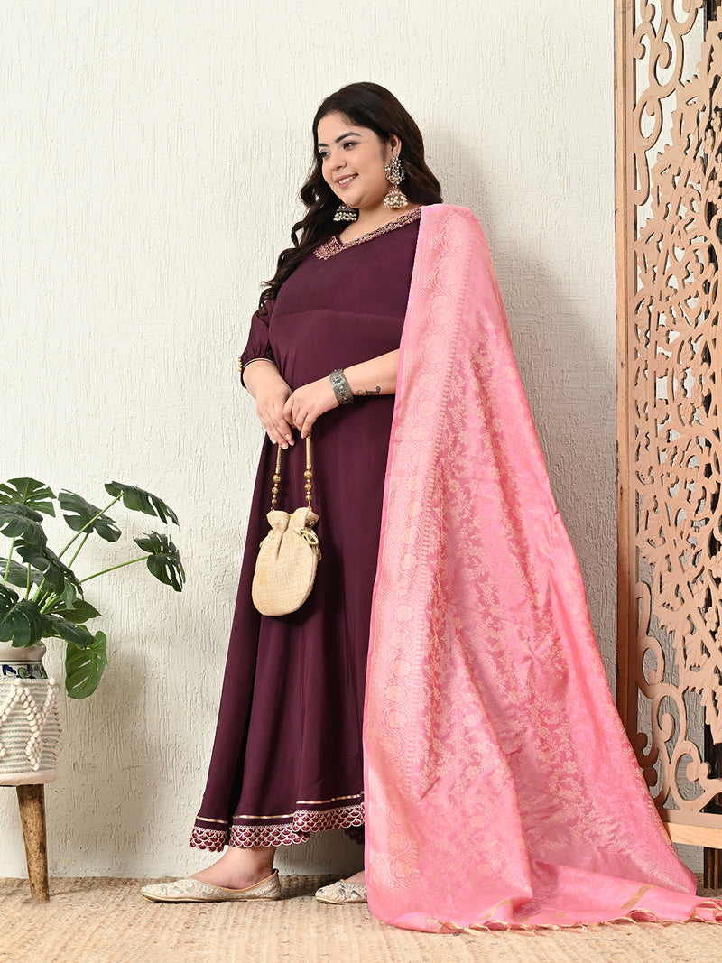 Plus Size Wine Anarkali Kurta with Pink Banarasi Dupatta