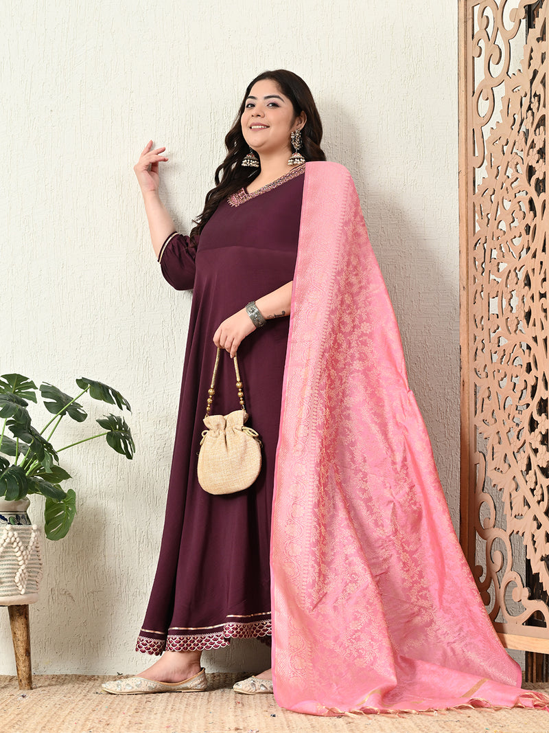 Plus Size Wine Anarkali Kurta with Pink Banarasi Dupatta