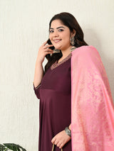 Plus Size Wine Anarkali Kurta with Pink Banarasi Dupatta