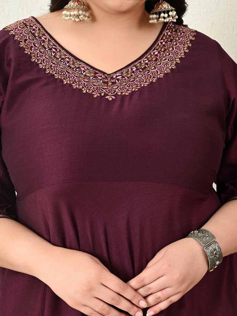 Plus Size Wine Anarkali Kurta with Pink Banarasi Dupatta