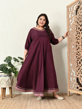 Plus Size Wine Anarkali Kurta with Pink Banarasi Dupatta