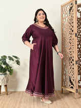 Plus Size Wine Anarkali Kurta with Pink Banarasi Dupatta