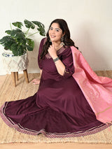 Plus Size Wine Anarkali Kurta with Pink Banarasi Dupatta