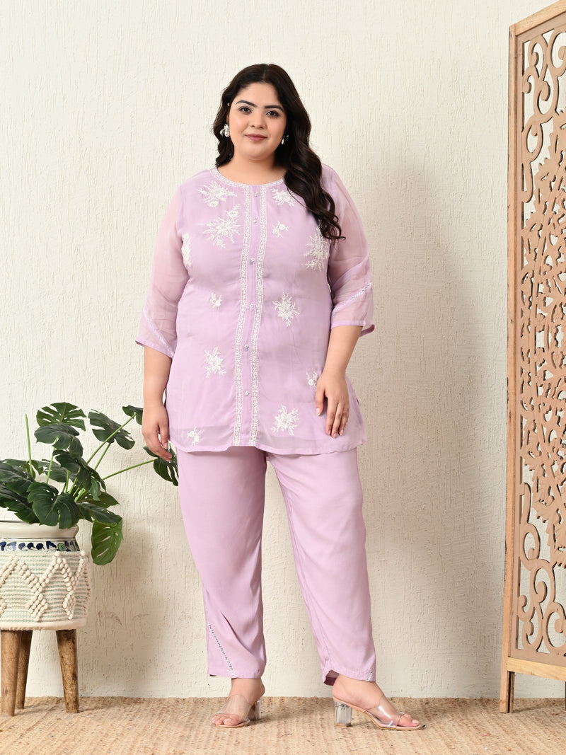 Plus Size Light Lavender Embroidered Co-ord Set