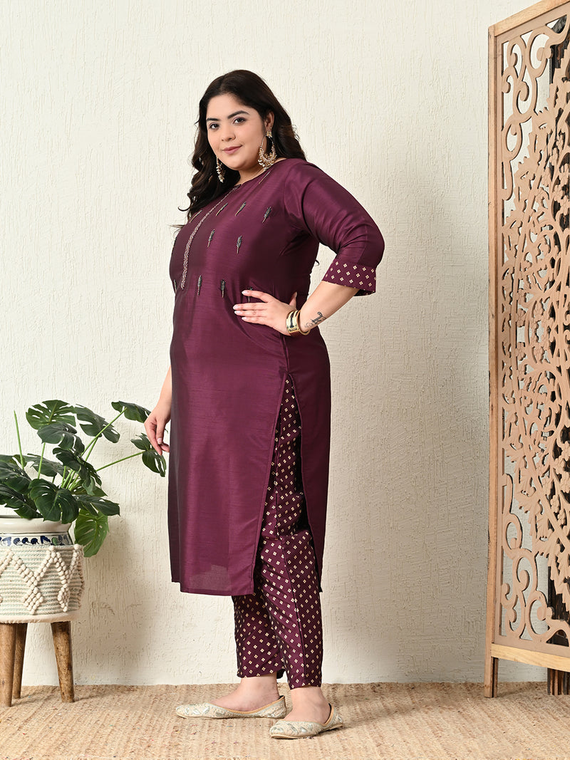 Plus Size Mystical Wine Embellished Zorba Kurta Set with Dupatta