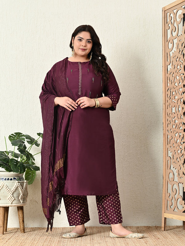 Plus Size Mystical Wine Embellished Zorba Kurta Set with Dupatta