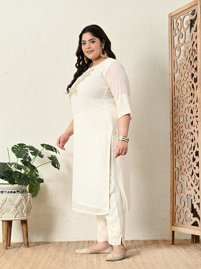 Plus Size White Pearl Georgette Kurta Set with Magenta Dupatta