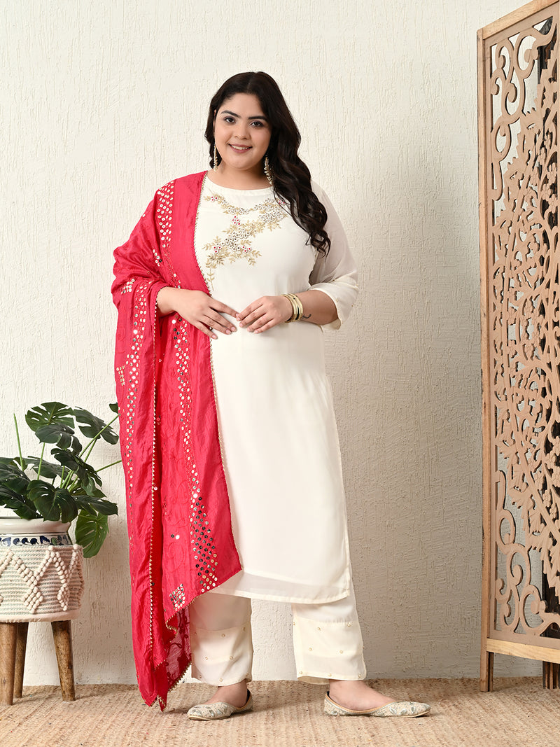 Plus Size White Pearl Georgette Kurta Set with Magenta Dupatta