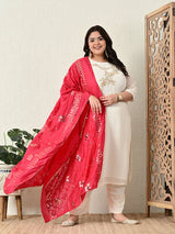 Plus Size White Pearl Georgette Kurta Set with Magenta Dupatta