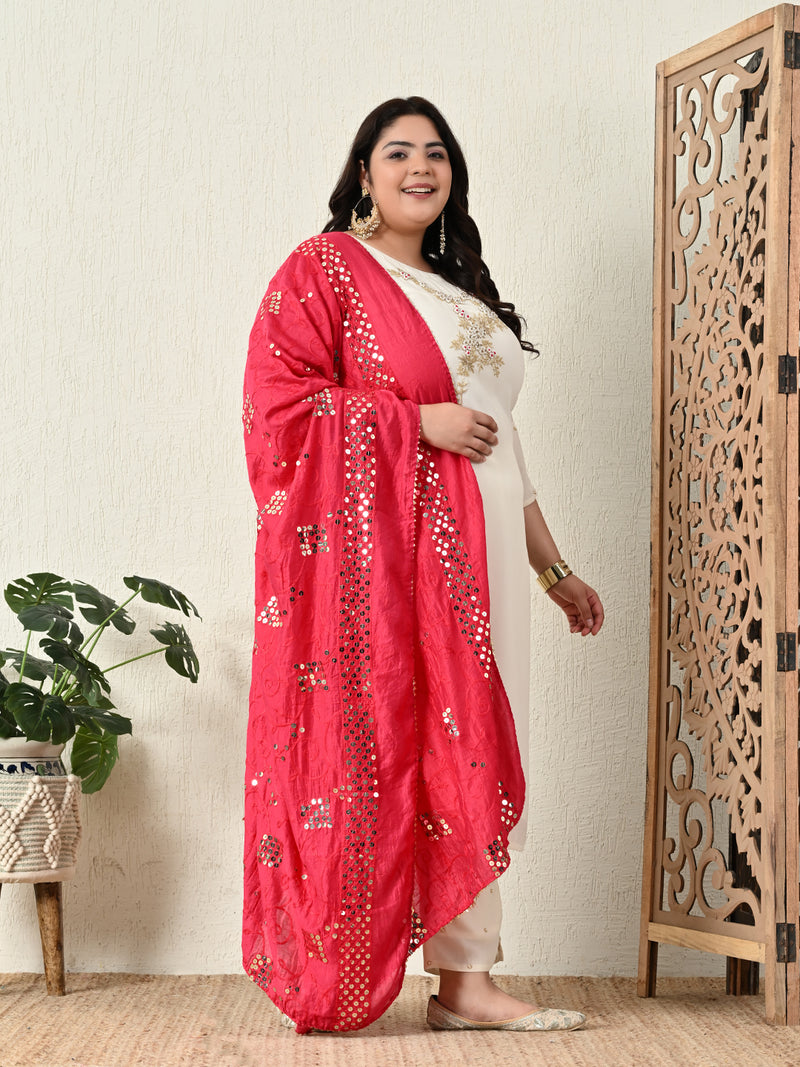 Plus Size White Pearl Georgette Kurta Set with Magenta Dupatta