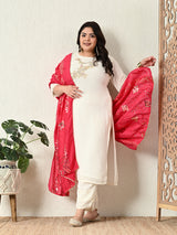 Plus Size White Pearl Georgette Kurta Set with Magenta Dupatta