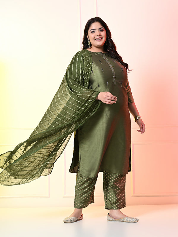 Plus Size Mystical Mehendi Embellished Zorba Kurta Set with Dupatta