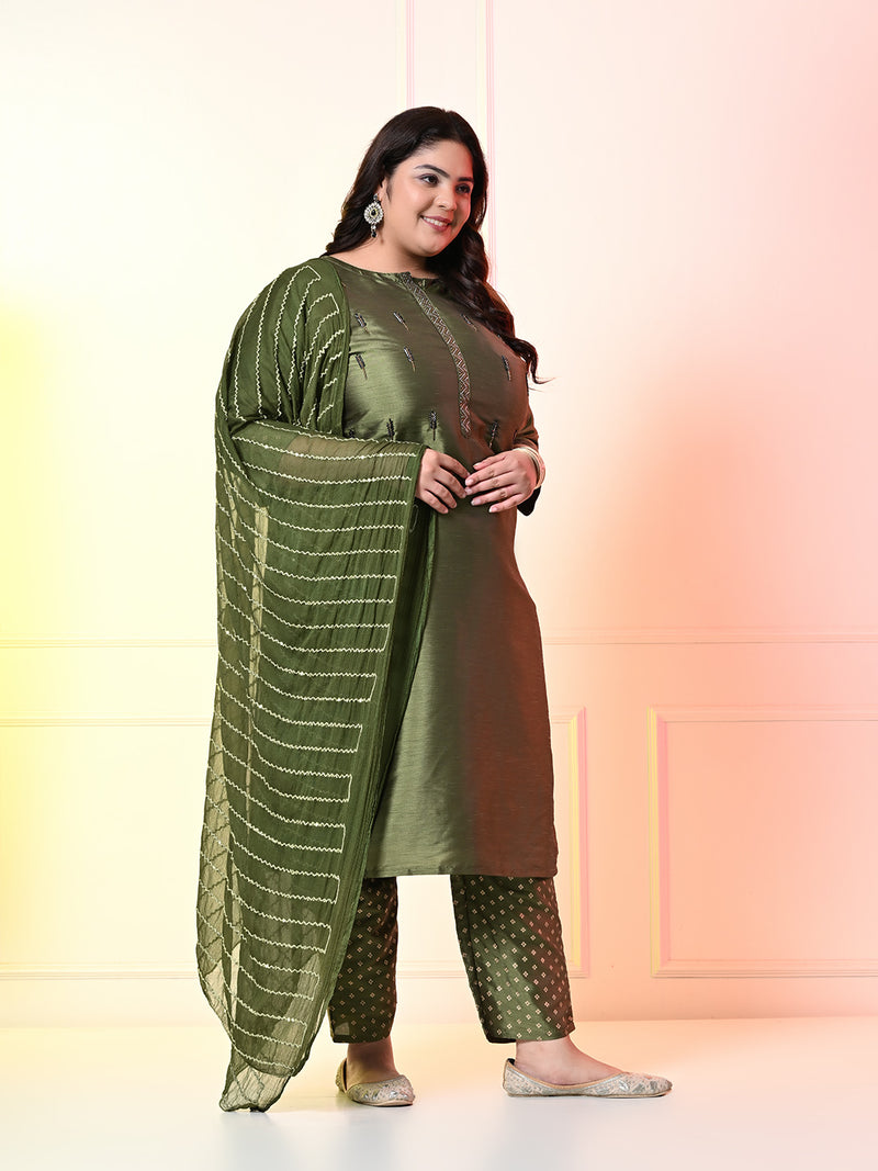 Plus Size Mystical Mehendi Embellished Zorba Kurta Set with Dupatta