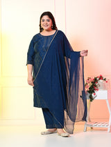 Plus Size Teal Blue Ceroski Kurta Set with Dupatta