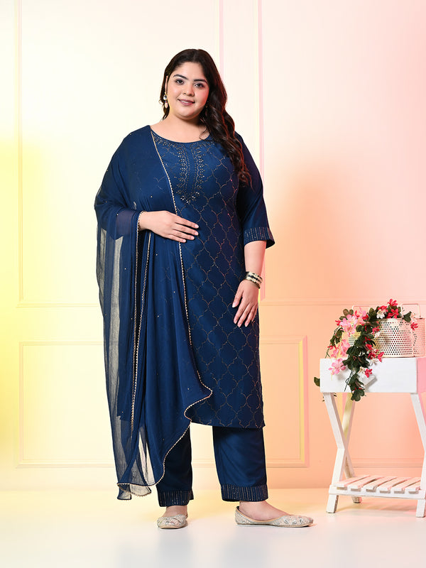 Plus Size Teal Blue Ceroski Kurta Set with Dupatta