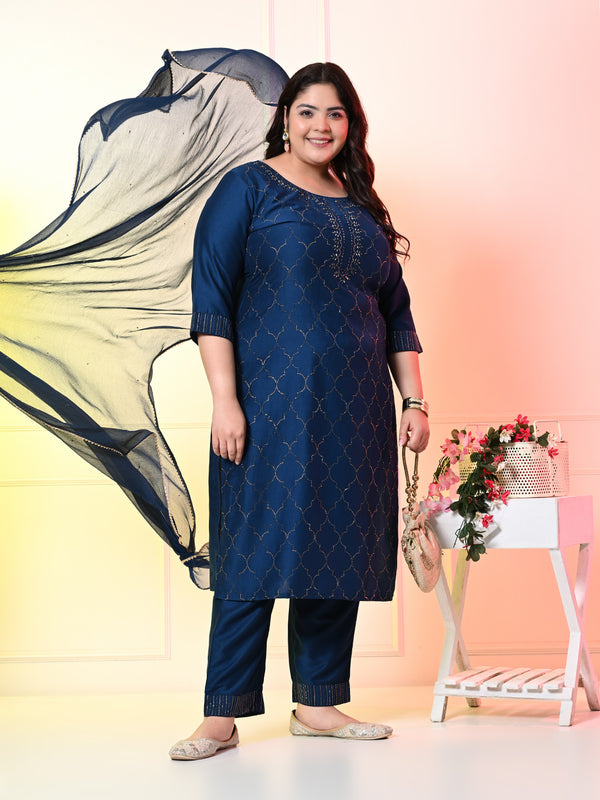 Plus Size Teal Blue Ceroski Kurta Set with Dupatta