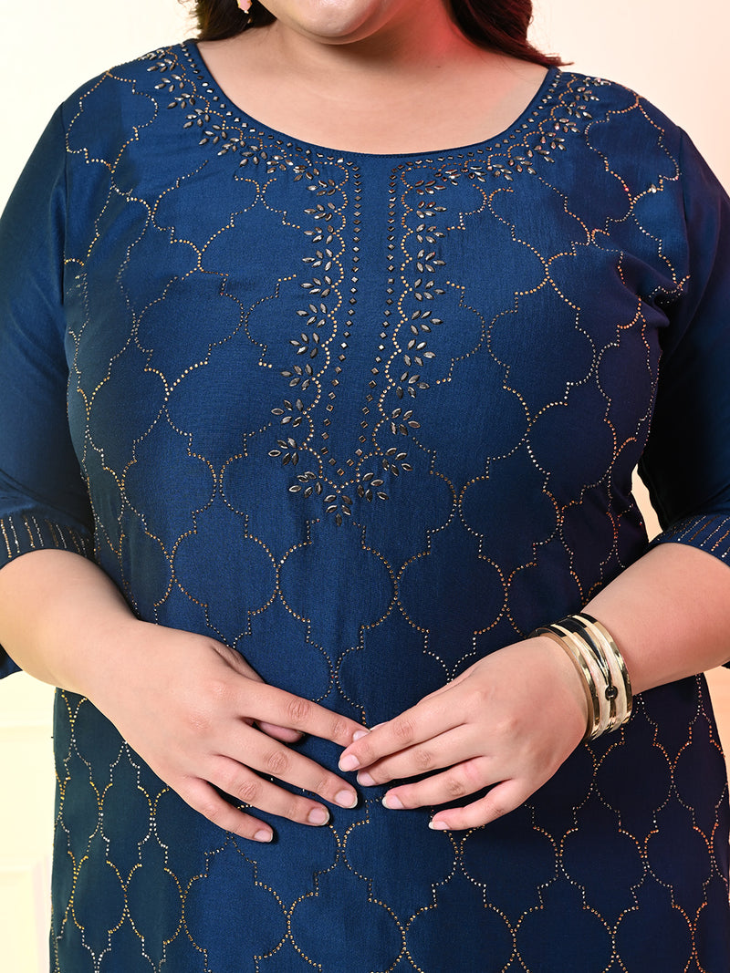 Plus Size Teal Blue Ceroski Kurta Set with Dupatta