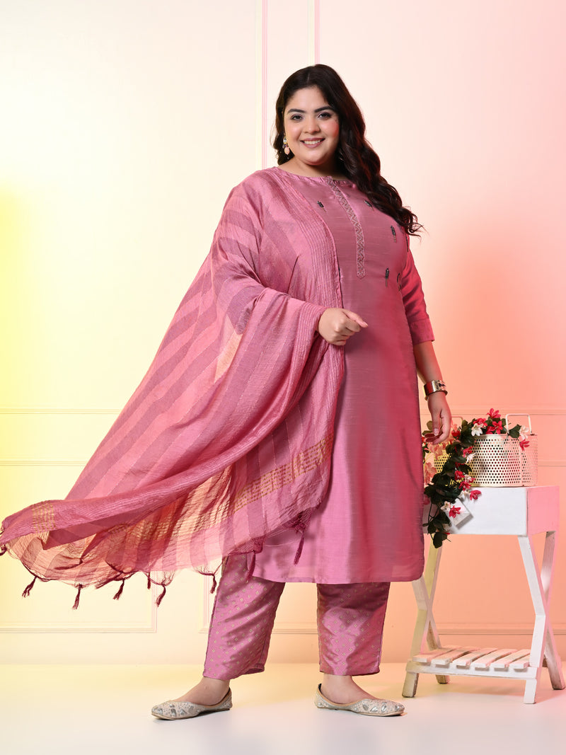 Plus Size Mystical Pink Embellished Zorba Kurta Set with Dupatta