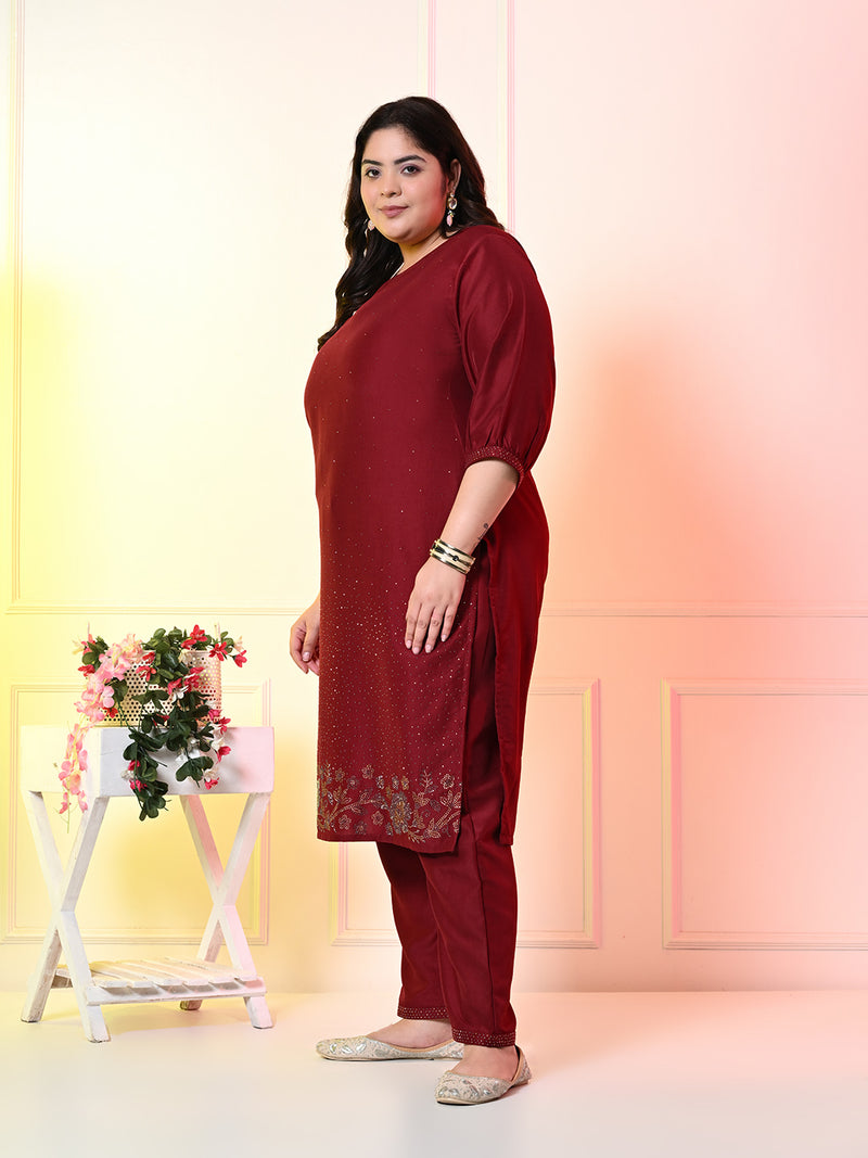 Plus Size Maroon Cotton Silk Embellished Kurta Set with Organza Dupatta