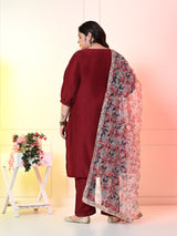 Plus Size Maroon Cotton Silk Embellished Kurta Set with Organza Dupatta