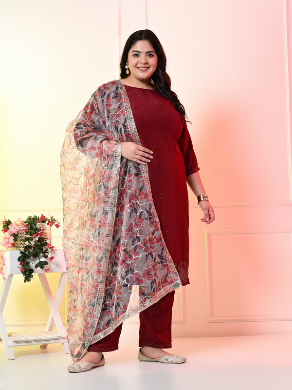 Plus Size Maroon Cotton Silk Embellished Kurta Set with Organza Dupatta