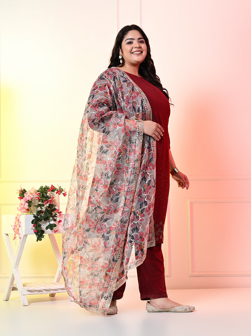 Plus Size Maroon Cotton Silk Embellished Kurta Set with Organza Dupatta