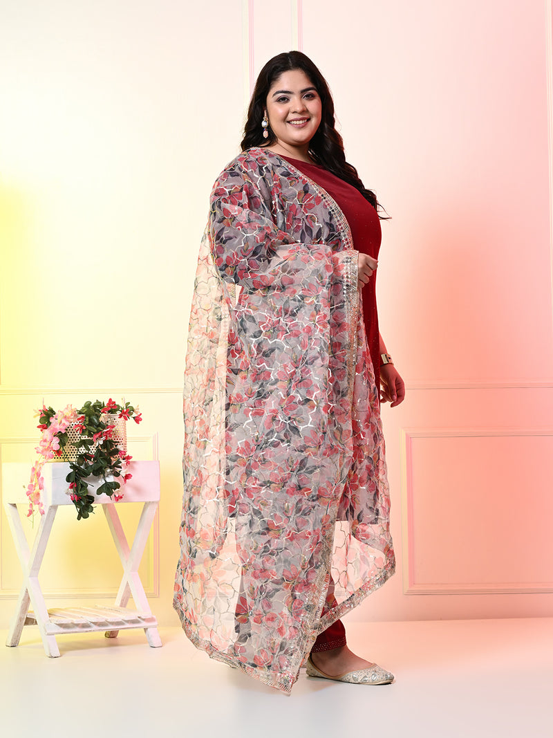 Plus Size Maroon Cotton Silk Embellished Kurta Set with Organza Dupatta