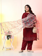 Plus Size Maroon Cotton Silk Embellished Kurta Set with Organza Dupatta