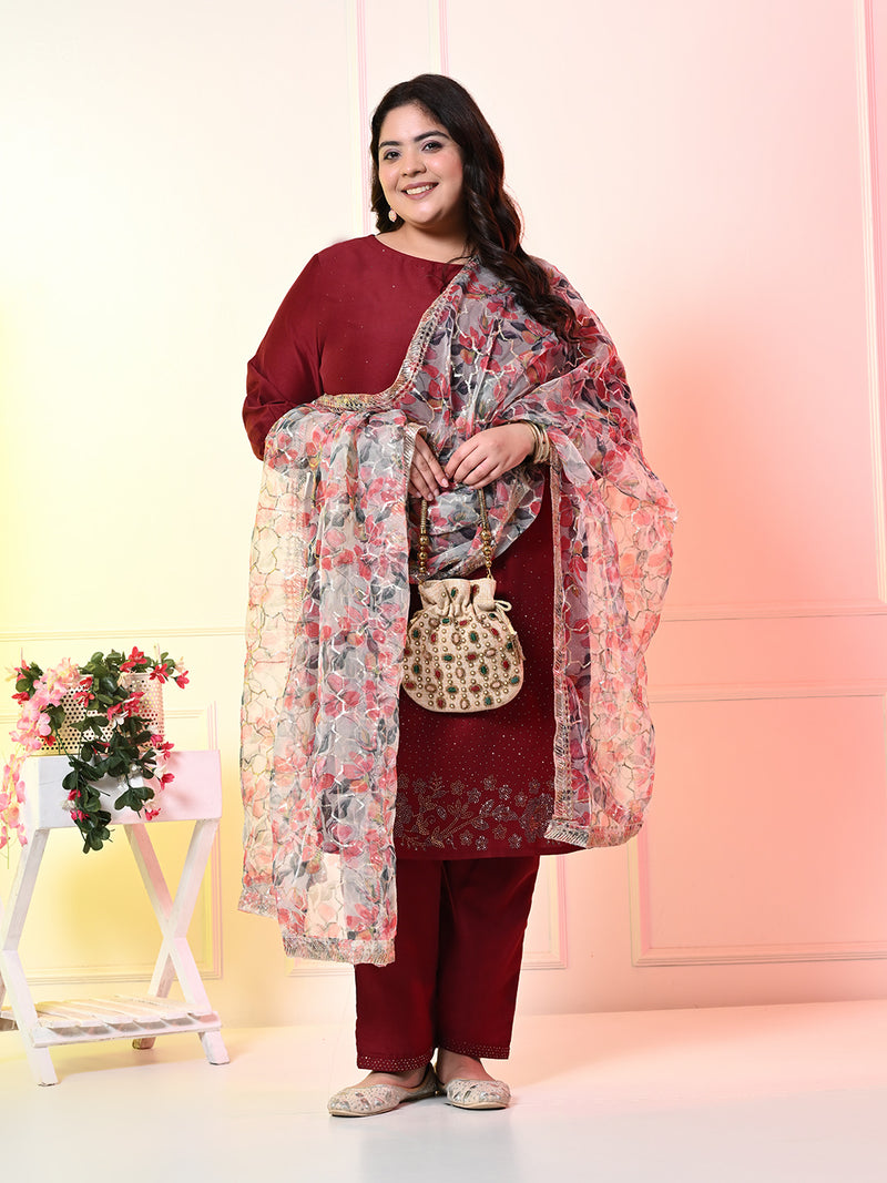 Plus Size Maroon Cotton Silk Embellished Kurta Set with Organza Dupatta