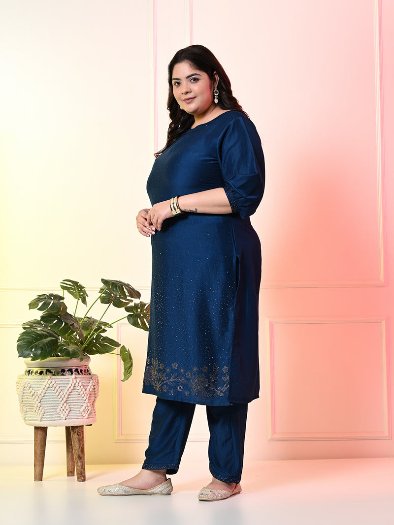 Plus Size Teal Blue Cotton Silk Embellished Kurta Set with Organza Dupatta