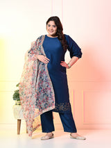 Plus Size Teal Blue Cotton Silk Embellished Kurta Set with Organza Dupatta