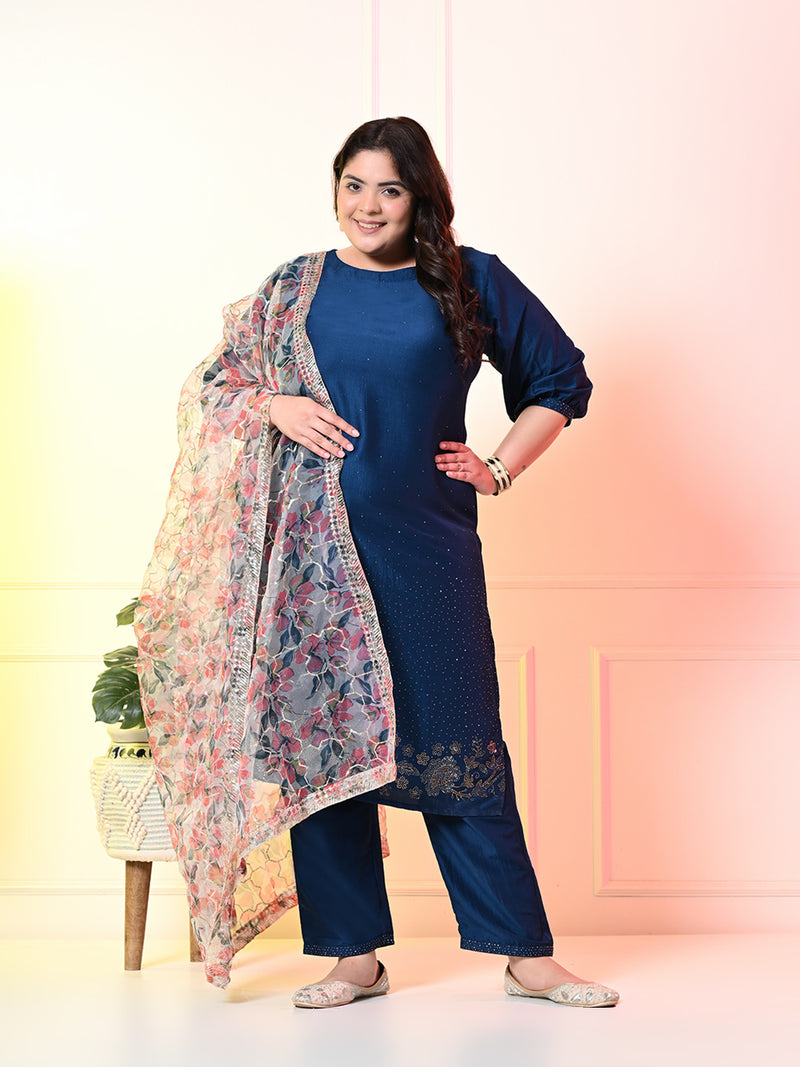 Plus Size Teal Blue Cotton Silk Embellished Kurta Set with Organza Dupatta