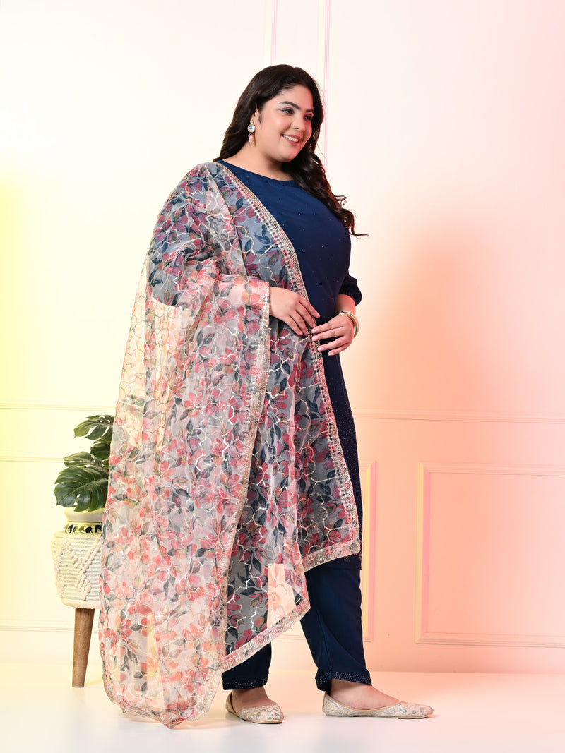 Plus Size Teal Blue Cotton Silk Embellished Kurta Set with Organza Dupatta